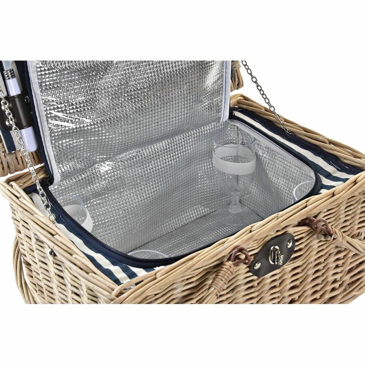 Basket DKD Home Decor wicker Picnic Ceramic Natural Blue Polyester Stainless steel (41 x 33 x 23 cm)